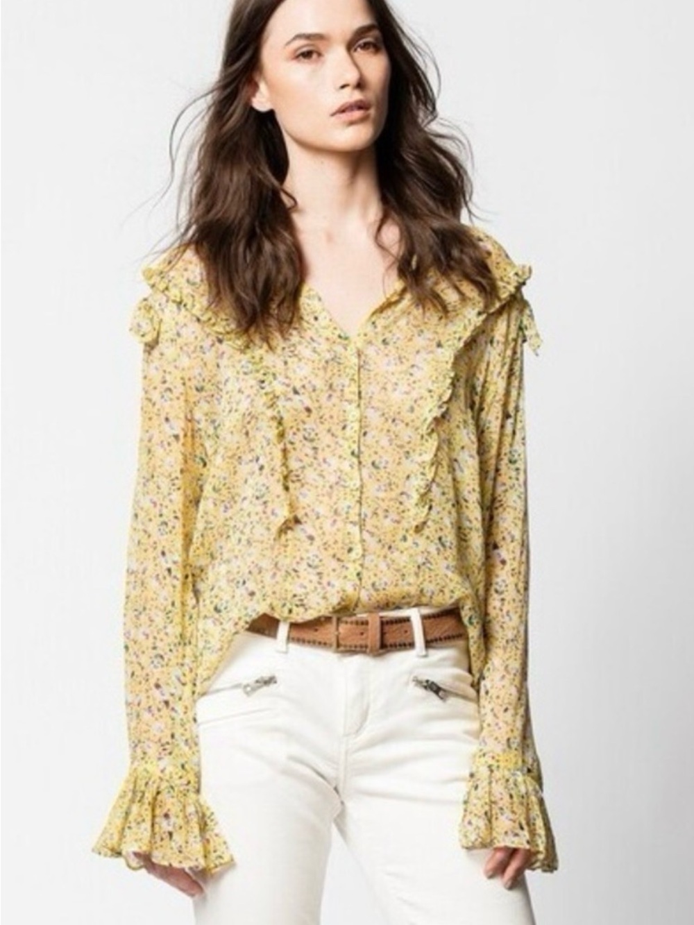 Zadig & Voltaire Yellow Floral Ruffle Blouse